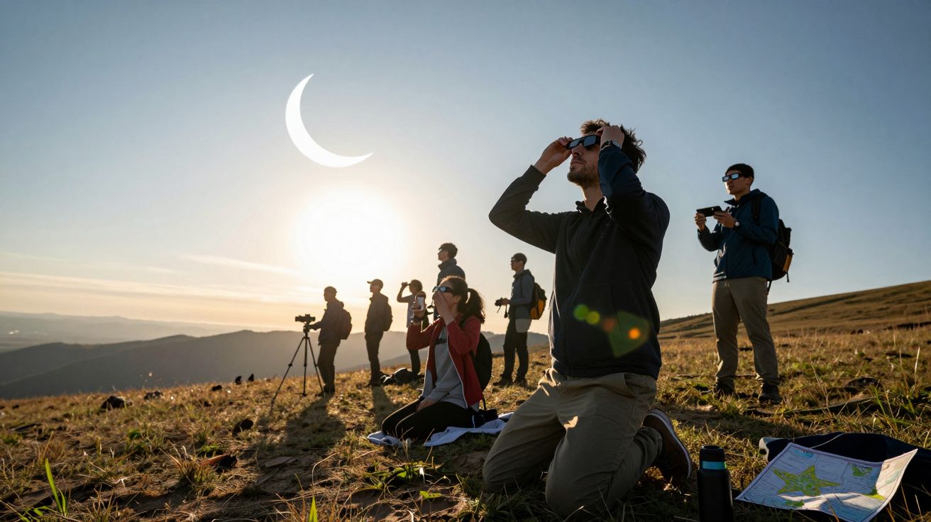 Grupa ludzi obserwująca zaćmienie słońca na górskiej polanie, niektórzy używają okularów ochronnych.