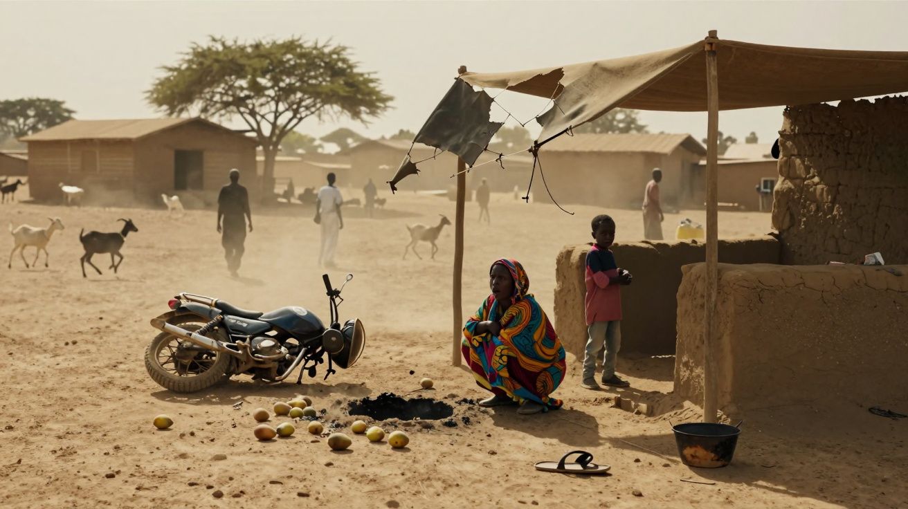Osoba w kolorowym stroju siedzi obok motocyklu na piaszczystej drodze, wokół rozrzucone owoce, w tle chaty i kozy.
