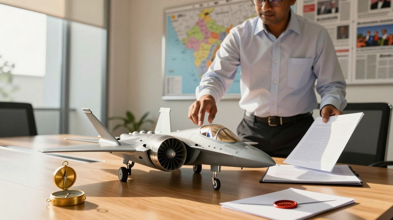 Mężczyzna w biurze przegląda dokumenty obok modelu samolotu myśliwskiego na stole.