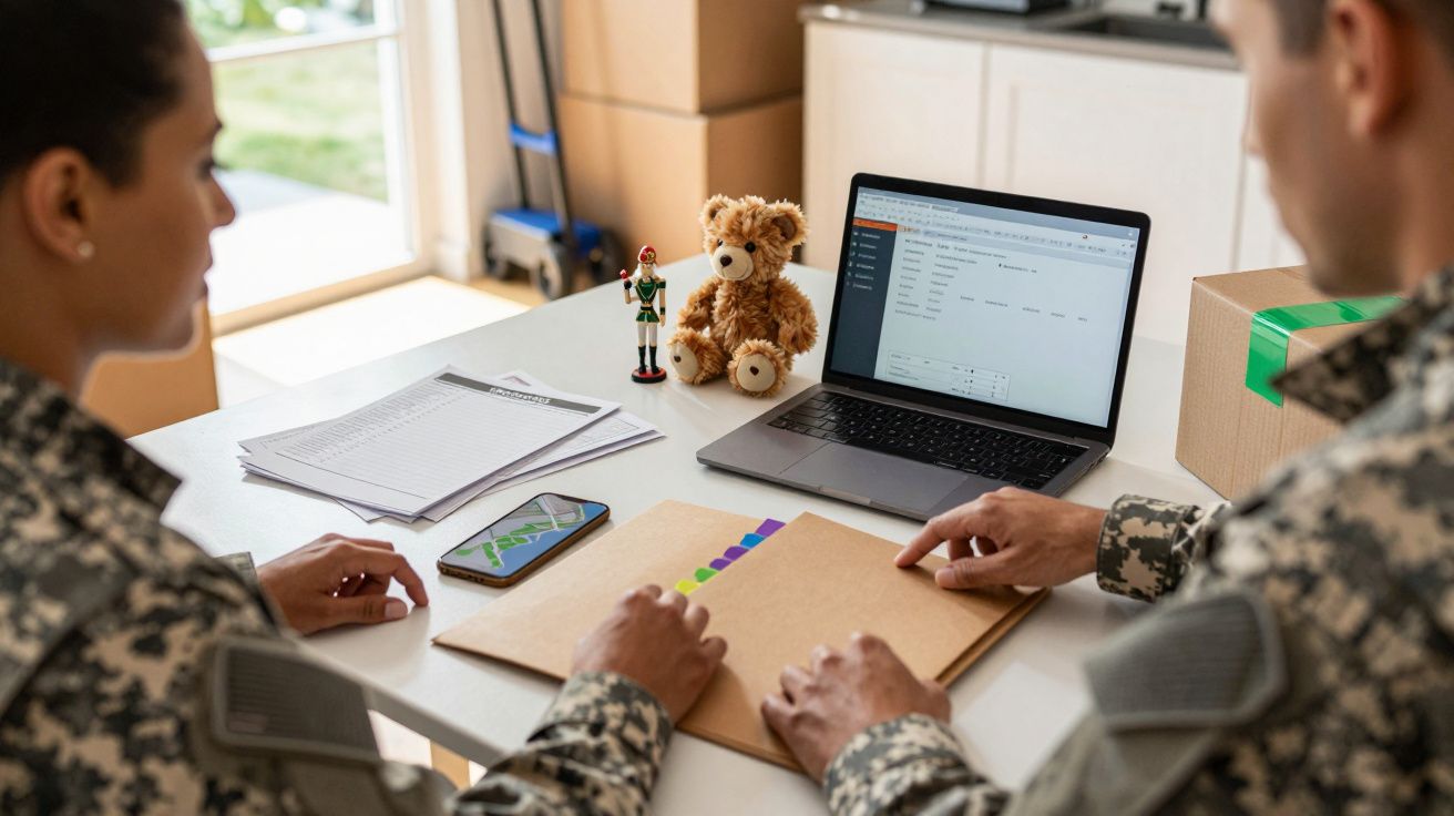 Dwóch żołnierzy w mundurach przegląda dokumenty przy stole z laptopem, telefonem, maskotką misia i figurką.