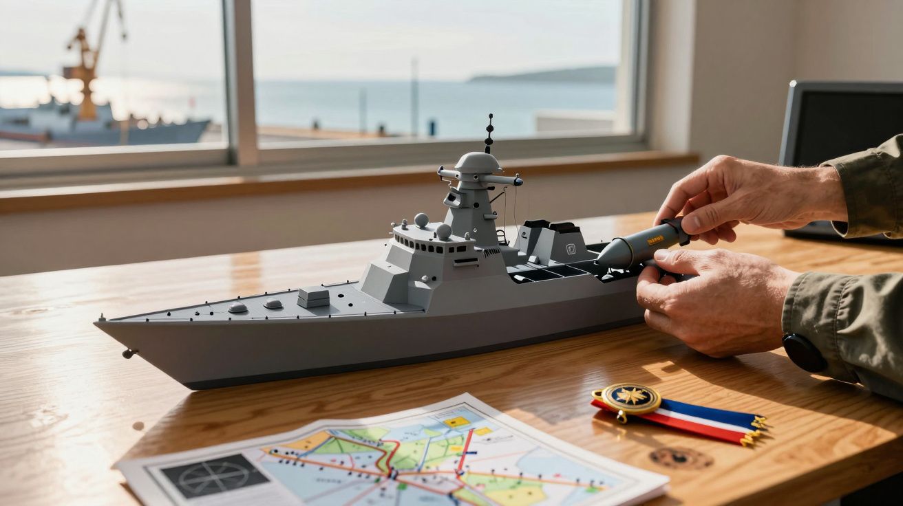 Osoba pracuje nad modelem okrętu na stole, obok leżą mapa i odznaczenie, w tle widać morze przez okno.
