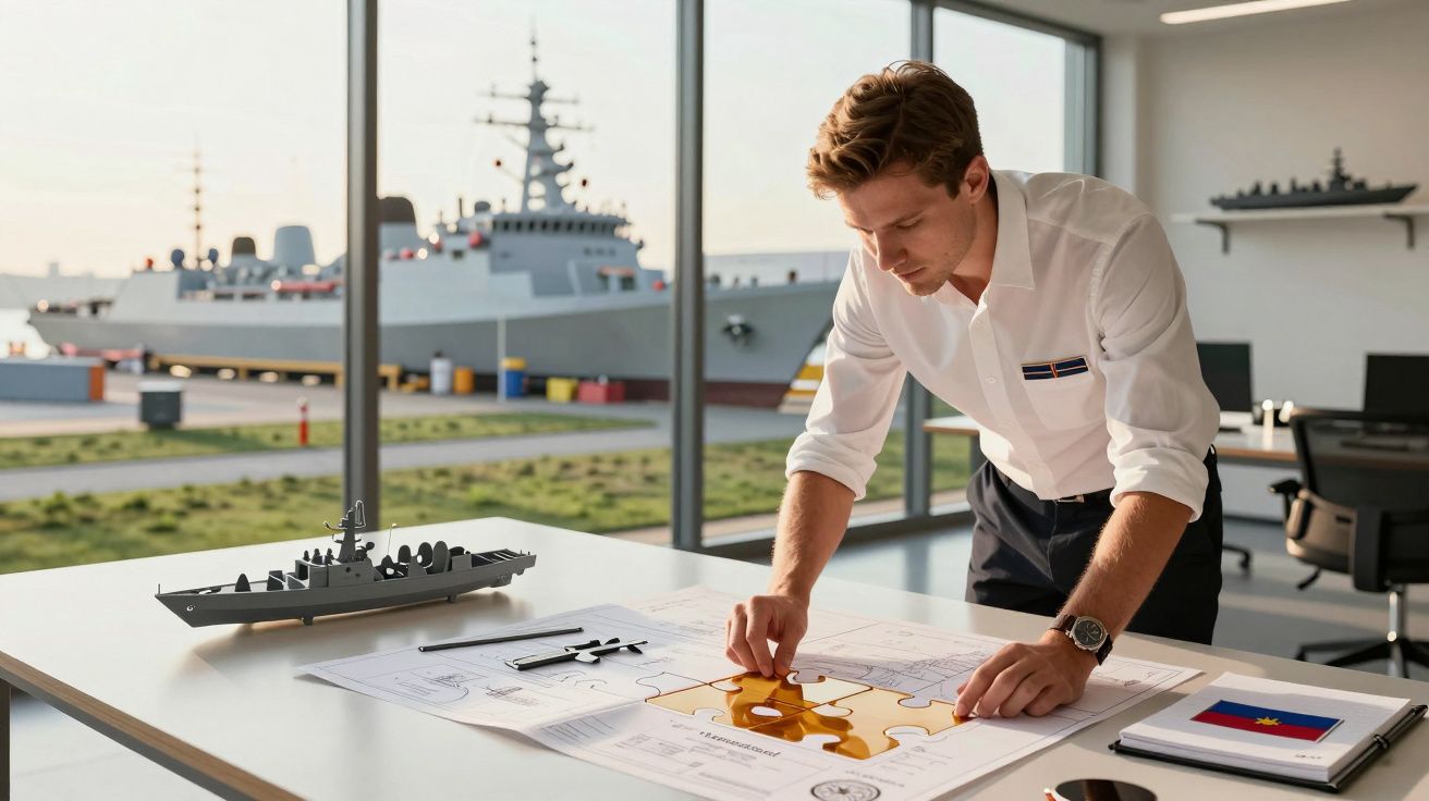 Mężczyzna przy biurku z planami statku, model statku i puzzlami, w tle wojskowy okręt i duże okno.