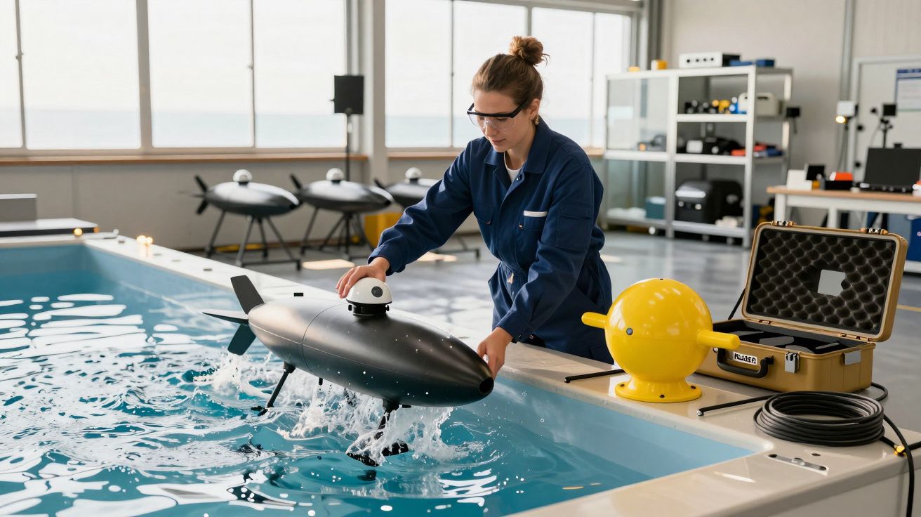 Osoba w laboratorium testuje mały dron podwodny w basenie.