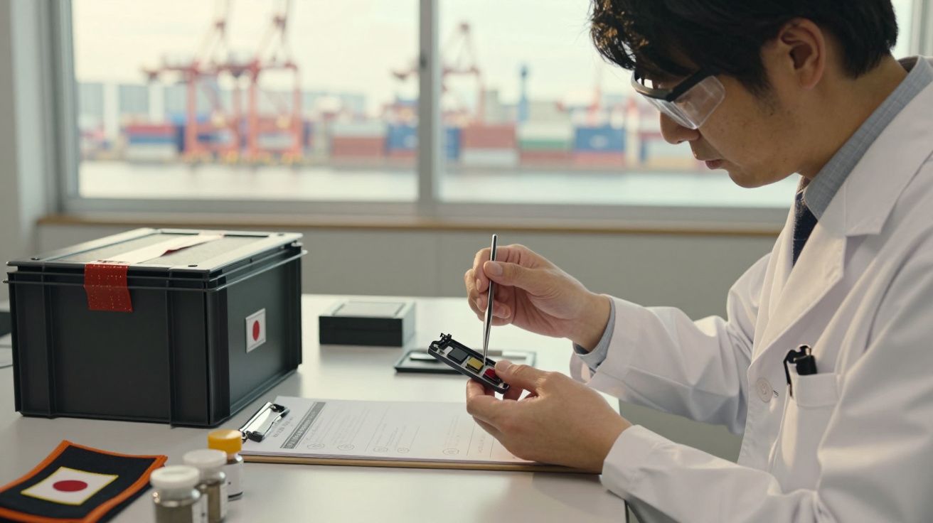 Naukowiec w laboratorium analizuje urządzenie, siedząc przy biurku z dokumentami i narzędziami na tle portu.
