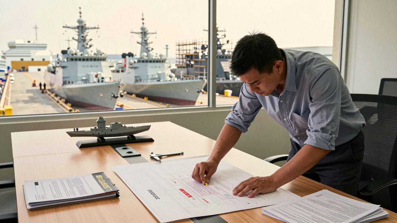 Mężczyzna pochyla się nad planami na biurku z widokiem na dok z kilkoma wojskowymi statkami za oknem.