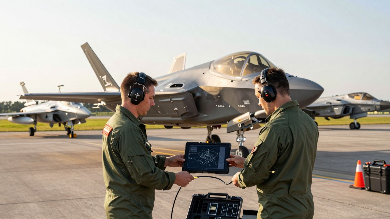 Dwóch mężczyzn w słuchawkach obsługuje tablet przed myśliwcem na lotnisku.