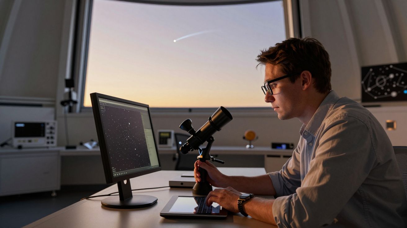 Astronom siedzi przy biurku, używając teleskopu i komputera, z widokiem na gwiazdy i kometę przez duże okno.