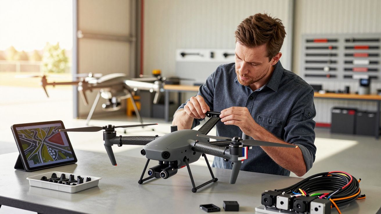 Mężczyzna naprawiający drona na stole warsztatowym, obok tablet z mapą.