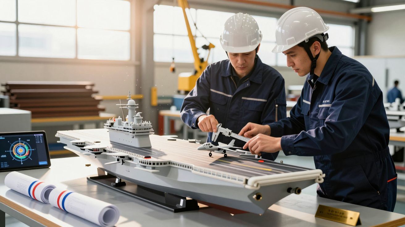 Dwóch inżynierów w kaskach pracuje nad modelem lotniskowca w warsztacie.
