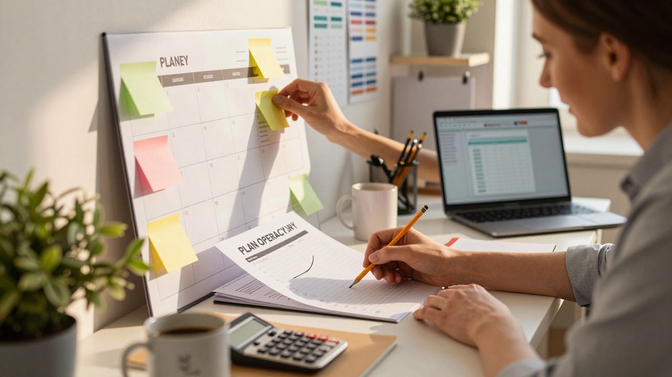 Osoba pracująca przy biurku z kalendarzem, laptopem i dokumentami, przyklejająca karteczki na tablicy planów.