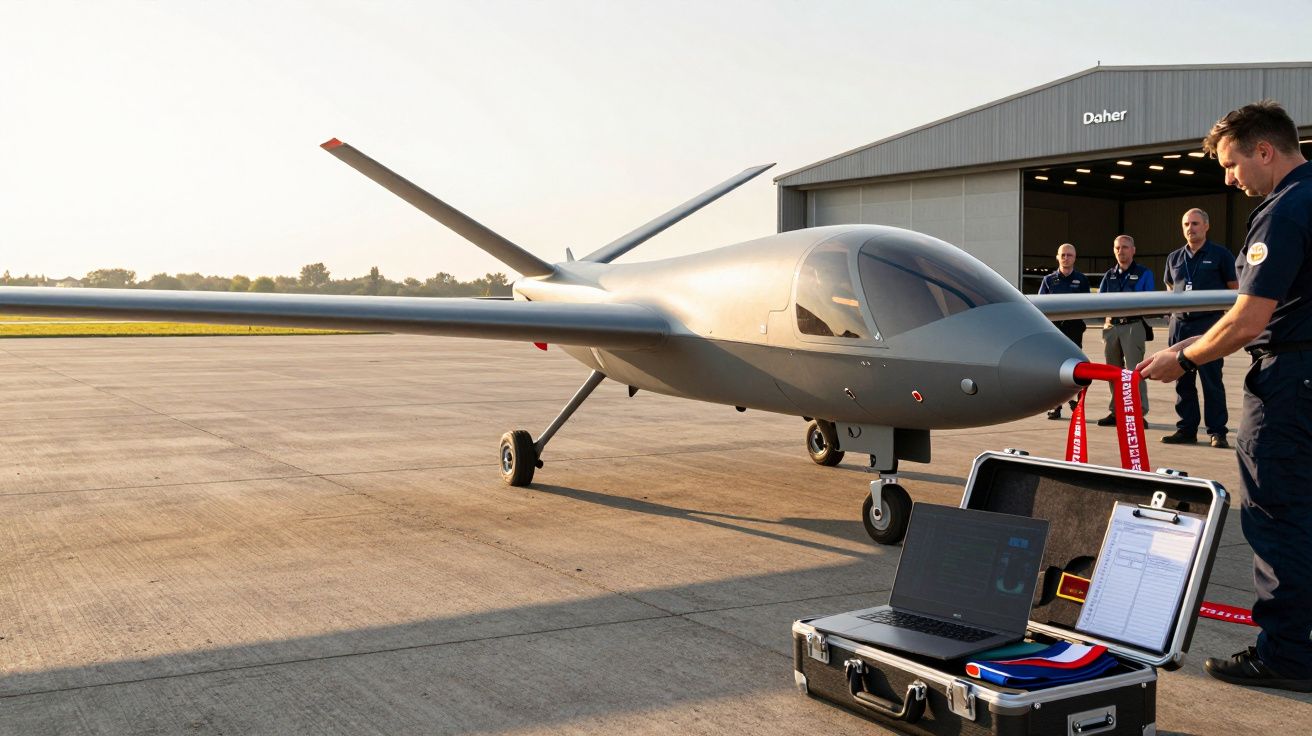 Nowoczesny dron na lotnisku z otwartym laptopem na walizce, w tle hangar z pracownikami.