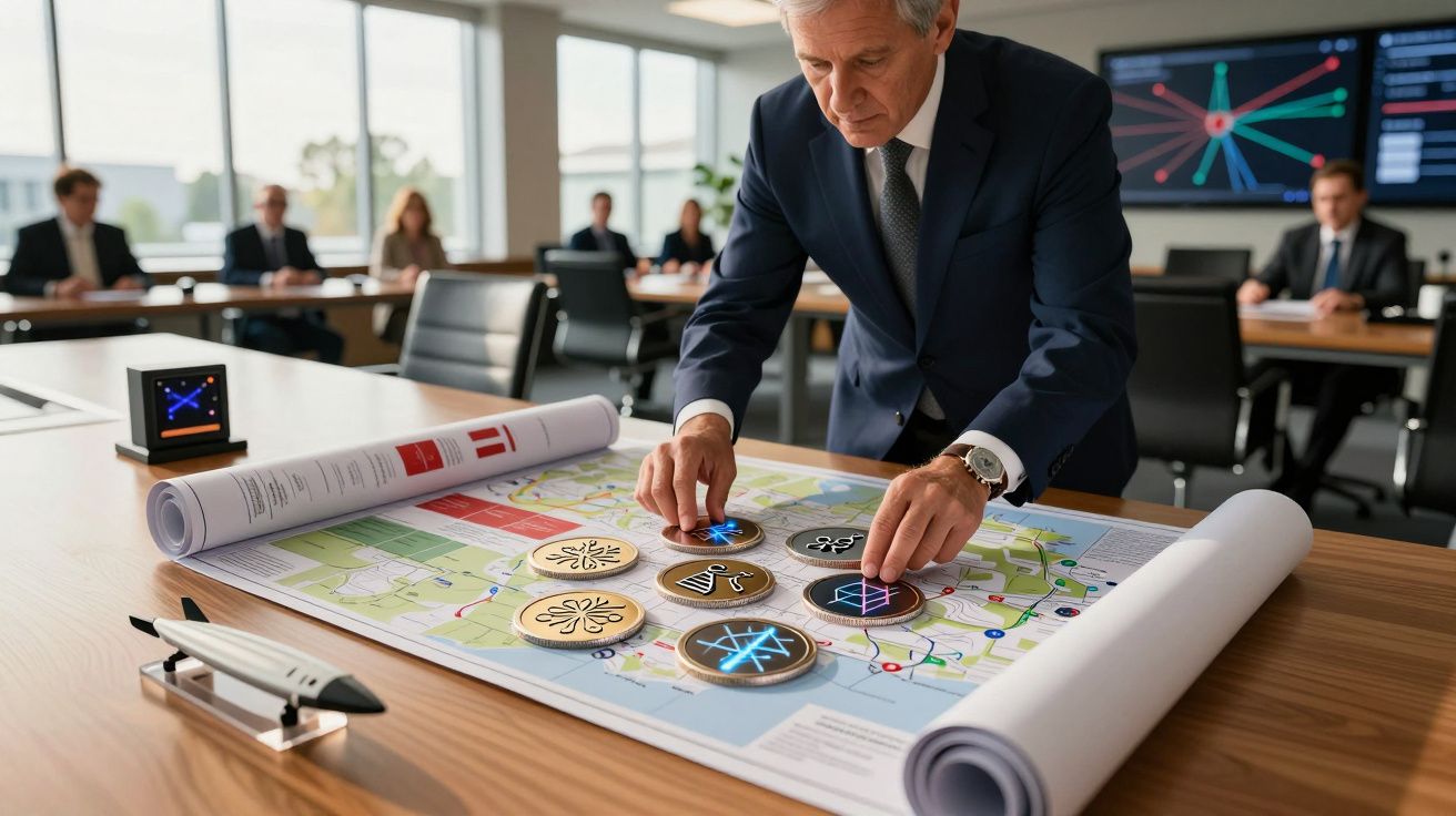 Starszy mężczyzna przy mapie na stole w sali konferencyjnej, wokół siedzą inni uczestnicy spotkania.