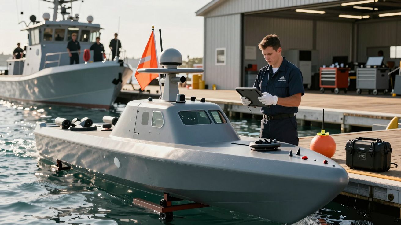 Mężczyzna w mundurze operuje tabletem przy małej łodzi wojskowej przy nabrzeżu, w tle większa łódź i budynek.