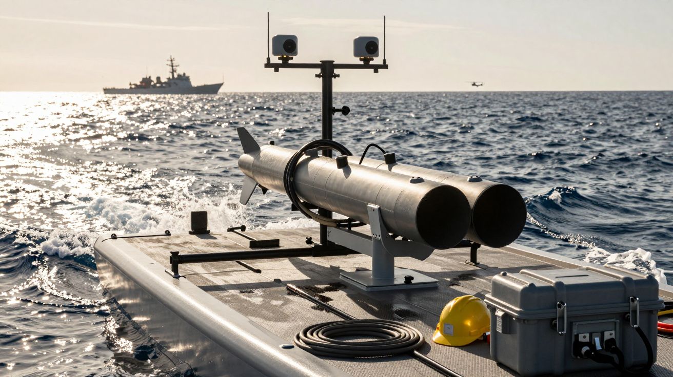 Dron morski z kamerą na pokładzie falującego oceanu, w tle widoczny okręt wojenny.