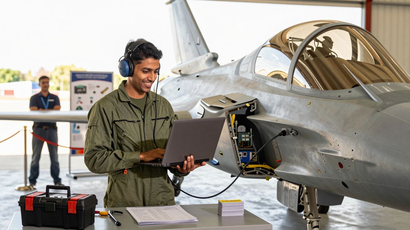 Mężczyzna w kombinezonie lotniczym z laptopem, pracujący przy myśliwcu w hangarze. Obok narzędzia i dokumenty.