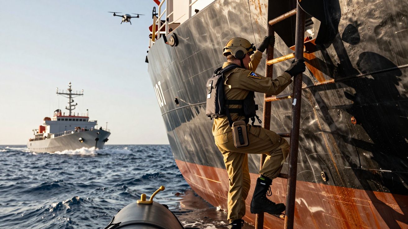 Żołnierz w mundurze wchodzi po drabinie na statek, w tle kuter patrolowy na pełnym morzu.