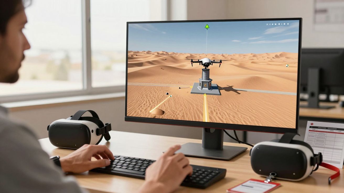 Mężczyzna przy biurku obsługujący komputer z symulacją drona nad pustynią, dwa zestawy VR na biurku.