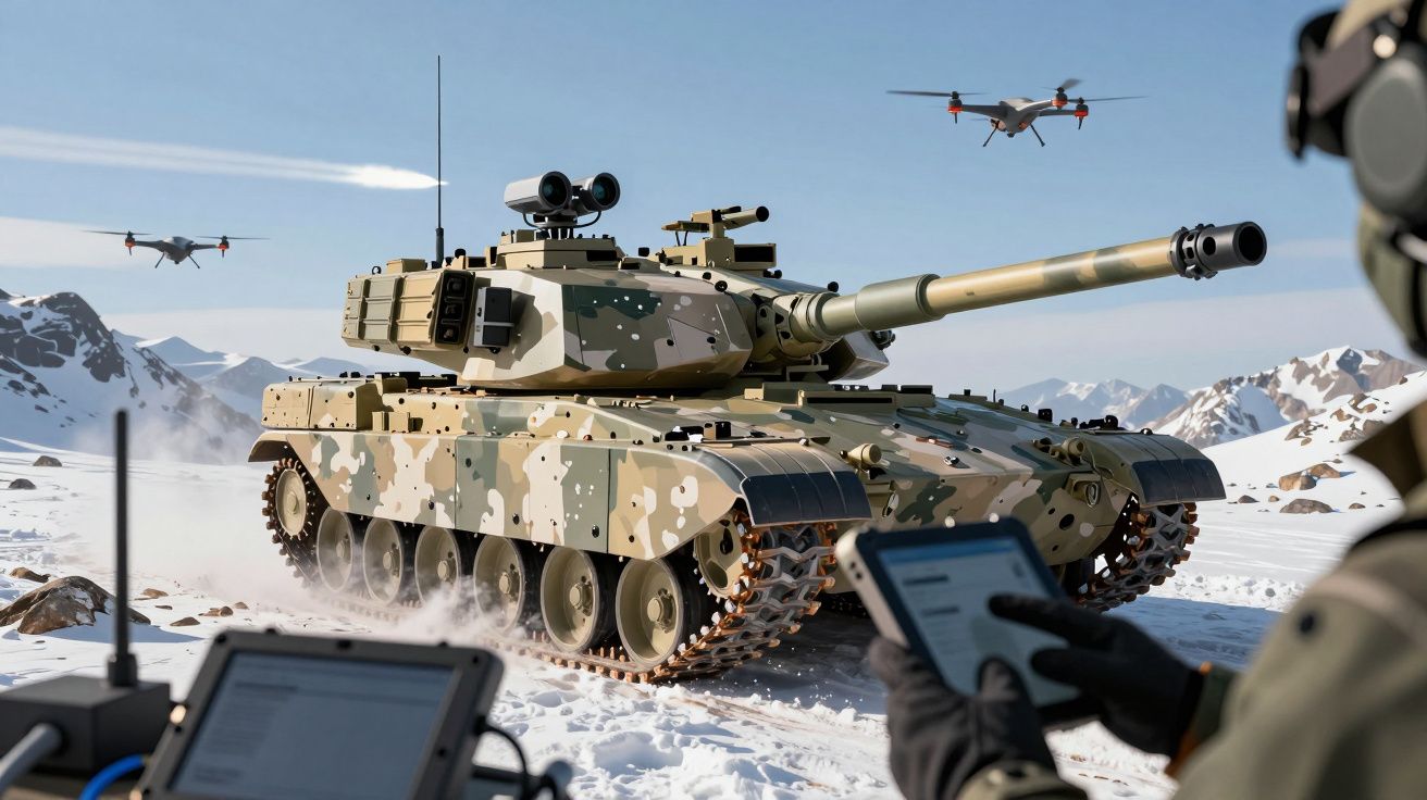Czołg w kamuflażu i drony w akcji na zaśnieżonym terenie górskim, operator z tabletem na pierwszym planie.