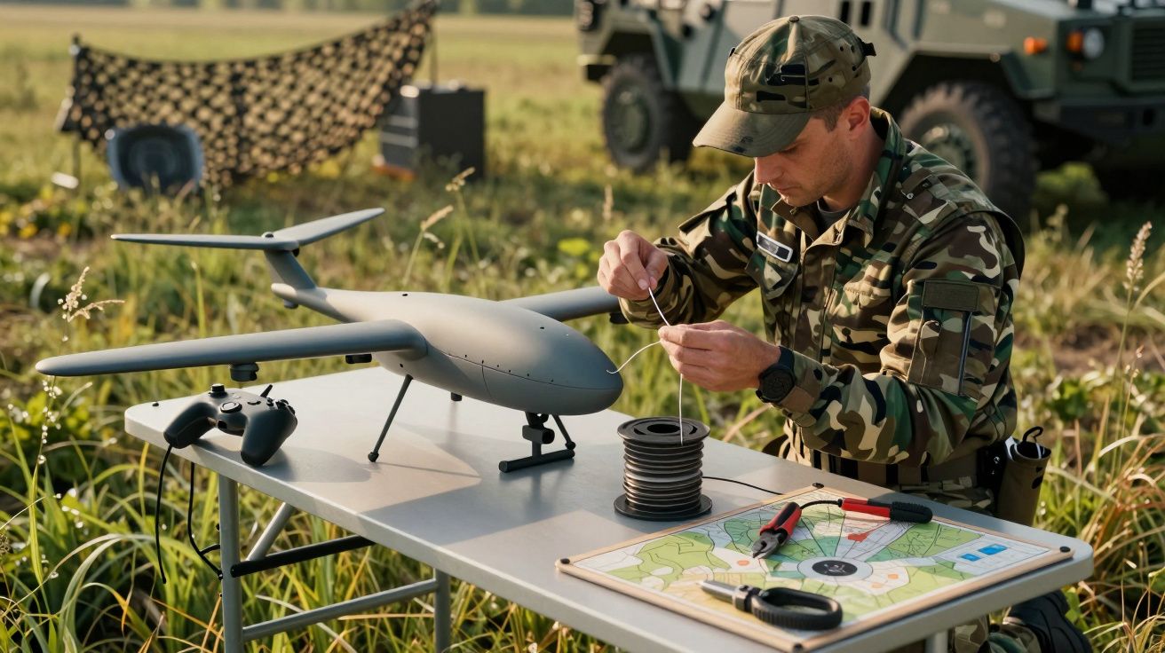 Żołnierz montuje drona na stole, obok mapa i sprzęt wojskowy na tle terenowego pojazdu i lasu.