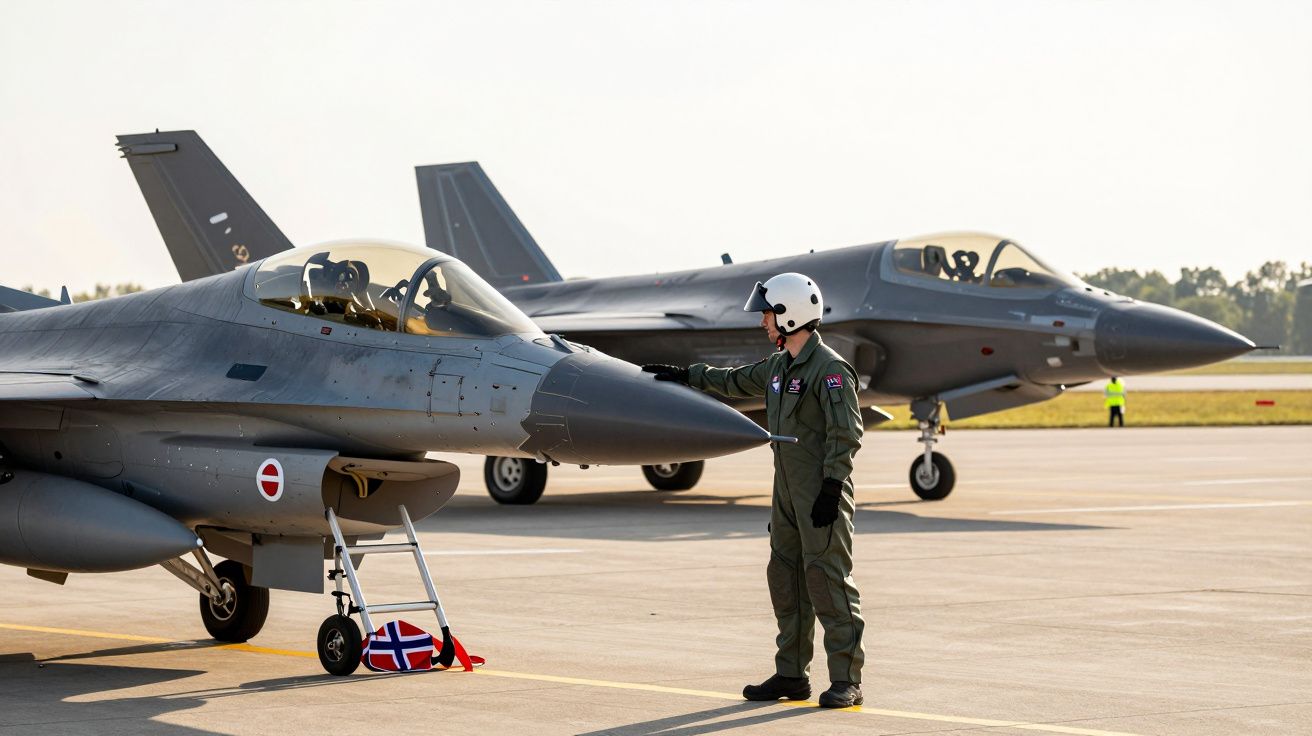Samolot wojskowy na lotnisku, obok pilot w zielonym kombinezonie, drugi samolot w tle.