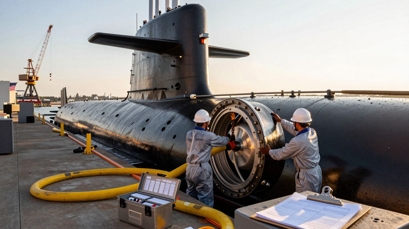 Dwóch pracowników w kaskach pracuje przy otworze łodzi podwodnej w stoczni; w tle dźwig i woda.