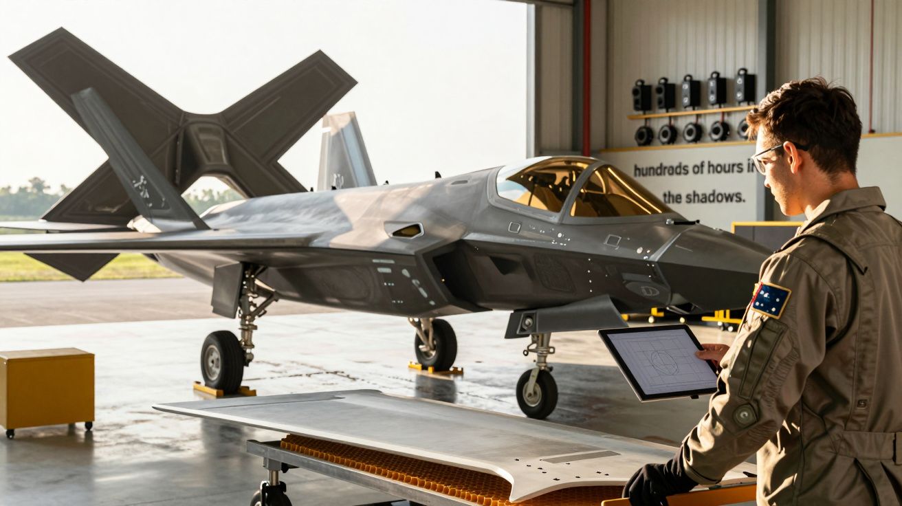 Mężczyzna w hangarze kontroluje samolot myśliwski F-35 za pomocą tableta.