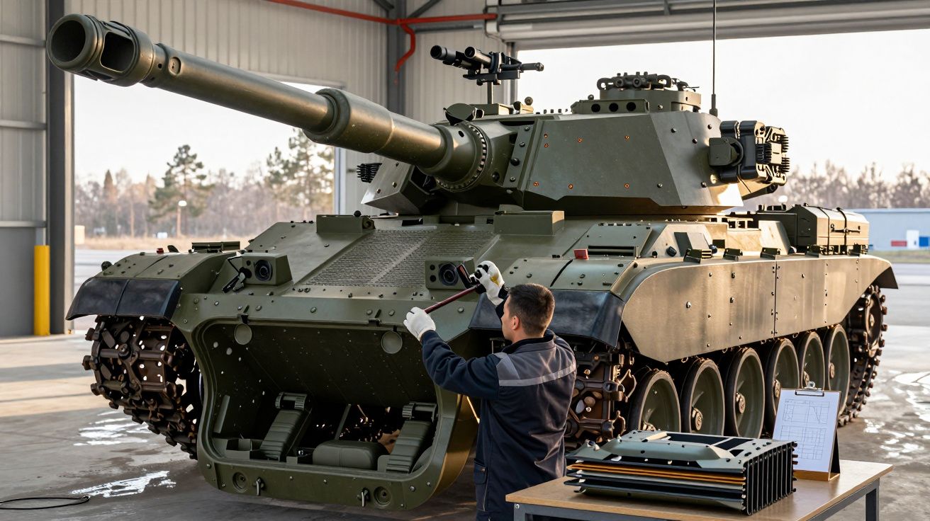 Mężczyzna w hangarze pracujący przy dużym zielonym czołgu. Stół z dokumentacją i narzędziami widoczny na pierwszym planie.