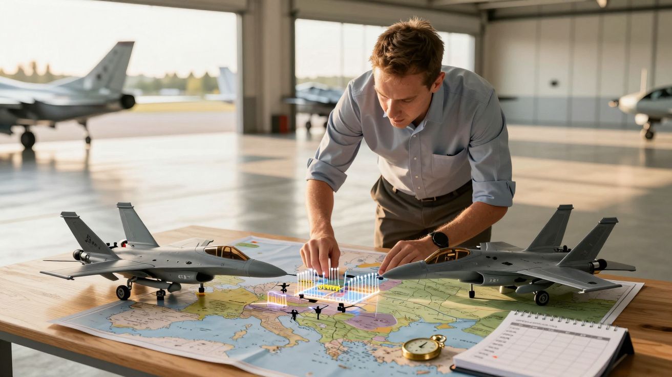 Mężczyzna przy stole z mapą i modelami samolotów w hangarze, analizuje dane wizualne.