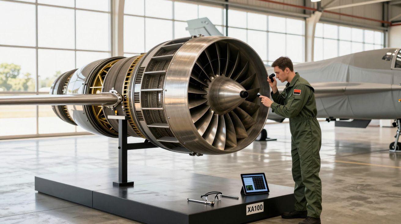 Mężczyzna w mundurze wojskowym bada silnik odrzutowy w hangarze.
