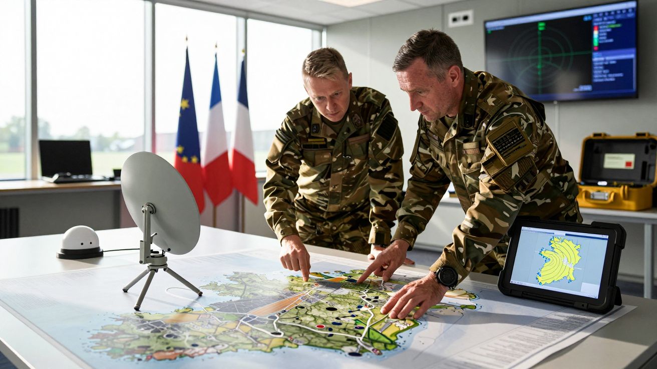 Dwóch żołnierzy przy stole z mapą wojskową, dyskutują nad planem. Francuskie flagi w tle.