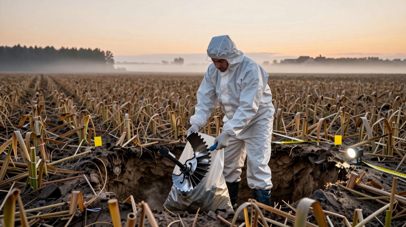 Osoba w kombinezonie ochronnym bada fragment urządzenia w polu o wschodzie słońca.