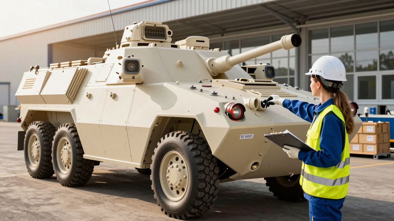 Kobieta w kasku i kamizelce odblaskowej ogląda opancerzony pojazd wojskowy na placu zewnętrznym.