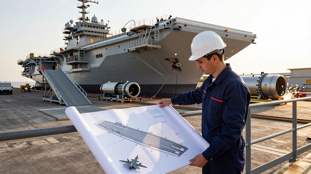 Inżynier w kasku przegląda plany lotniskowca stojąc na nabrzeżu przy dużym statku.