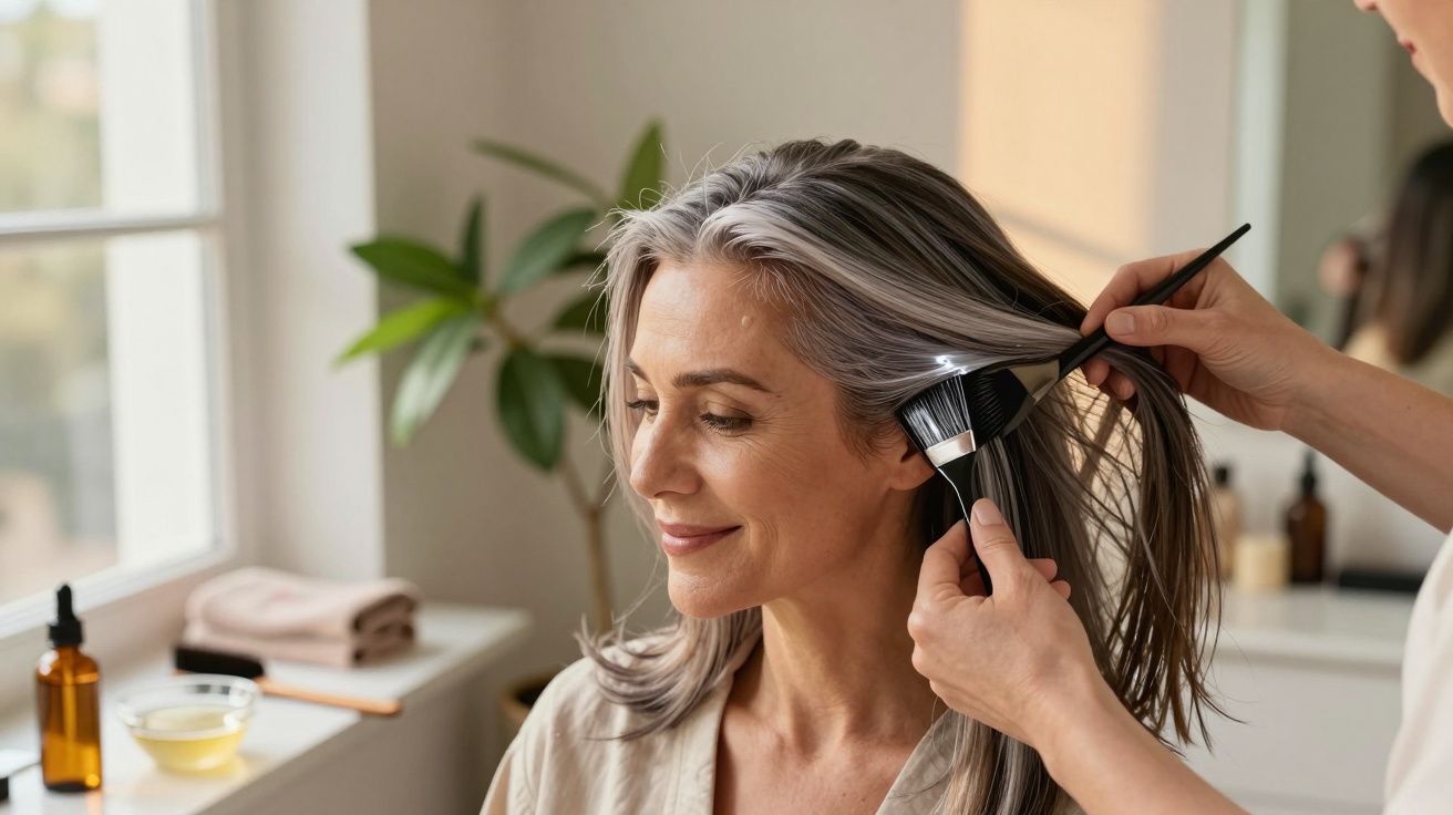 Kobieta z uśmiechem, podczas gdy ktoś nakłada farbę na jej siwe włosy w salonie.