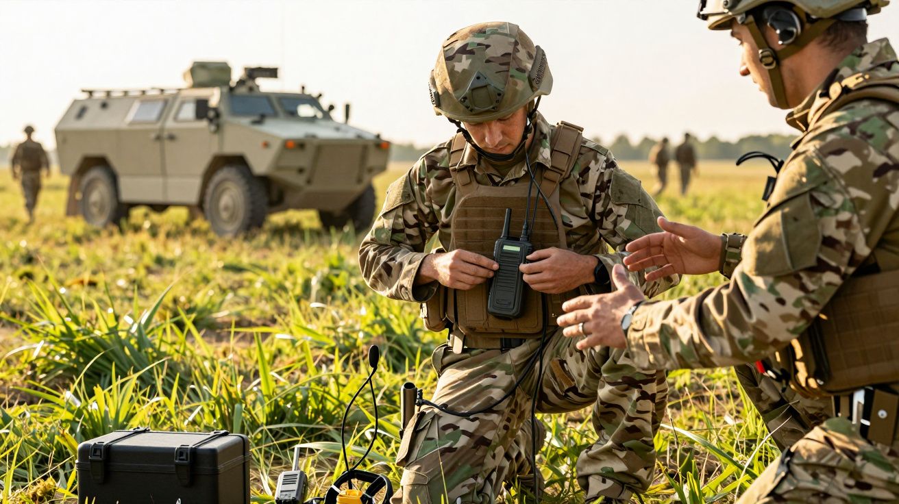 Dwóch żołnierzy w kamuflażu operuje radiem na polu; w tle pojazd wojskowy.