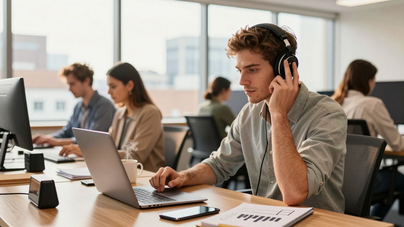Mężczyzna z słuchawkami pracuje przy laptopie w biurze, obok notatnik i telefon. W tle inni pracownicy.