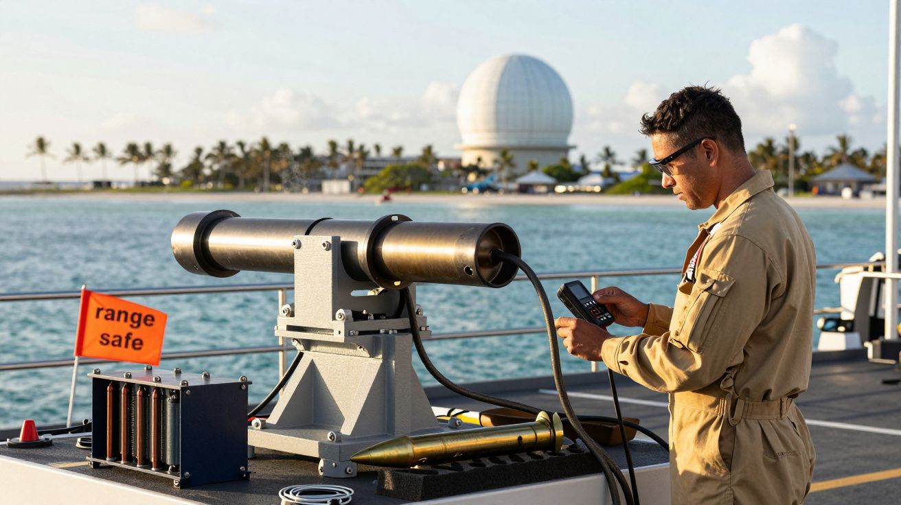 Mężczyzna w uniformie obsługuje urządzenie na pokładzie statku, w tle morze i kopuła radaru.