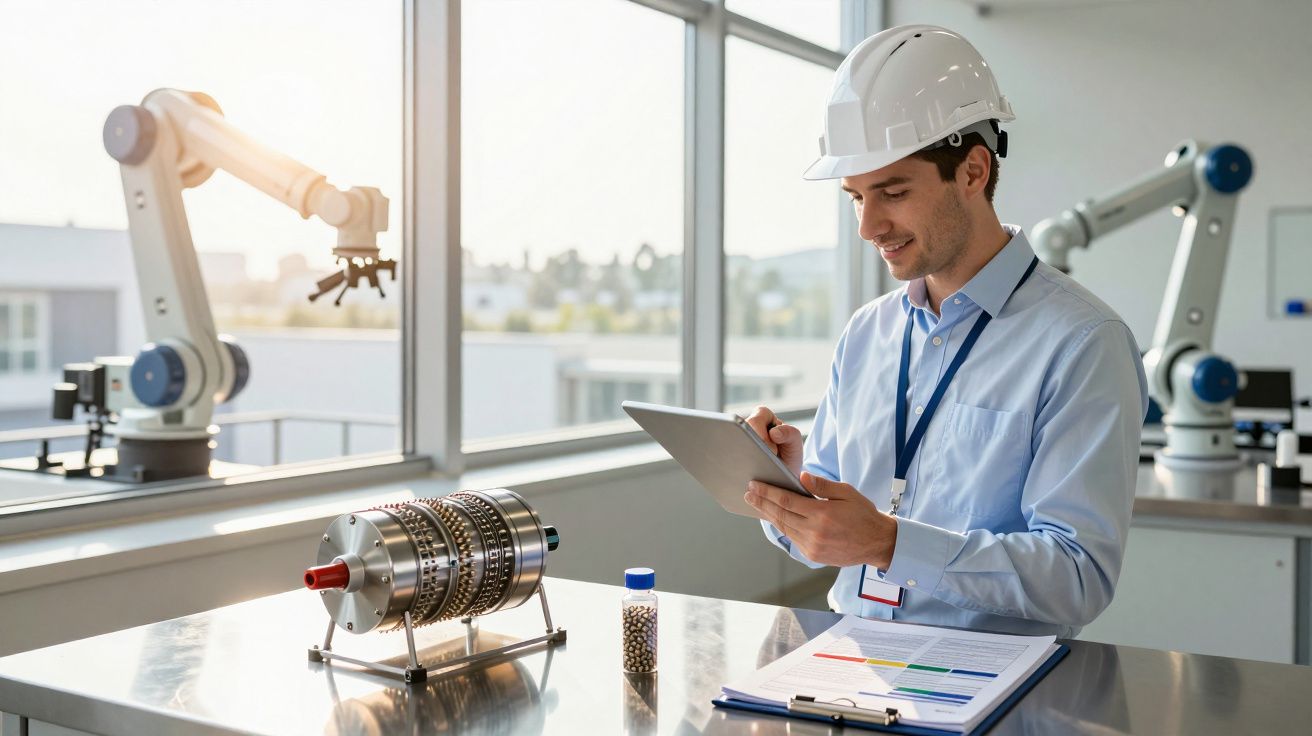 Inżynier w kasku z tabletem w laboratorium, obok części mechanicznej i robotów przemysłowych na tle okna.