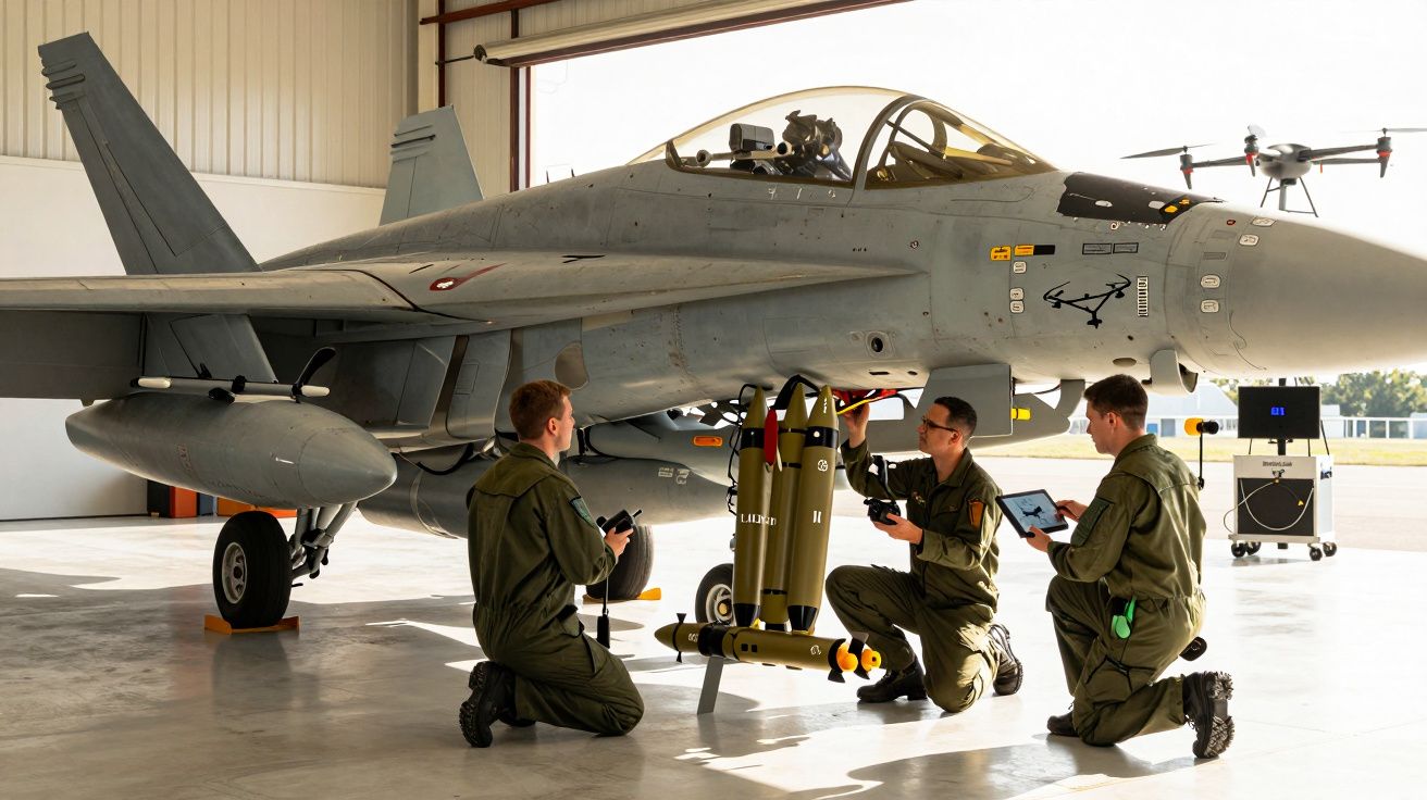 Trzech techników w hangarze pracuje przy myśliwcu wojskowym, w tle znajduje się dron.