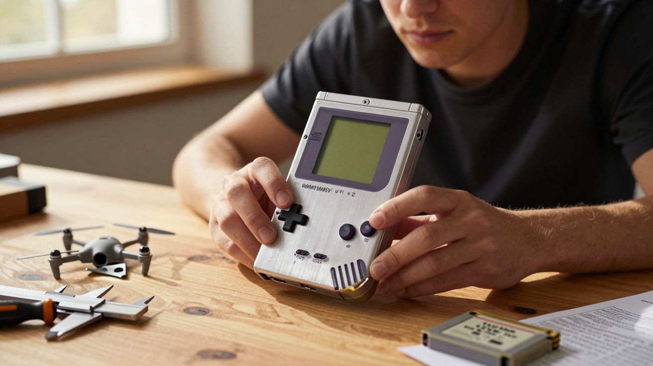 Osoba trzyma retro konsolę do gier na drewnianym stole, obok dron i inne akcesoria.