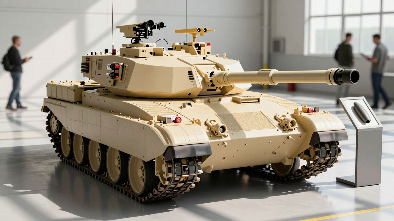 Nowoczesny czołg w beżowym kolorze prezentowany w jasnym wnętrzu wystawowym.