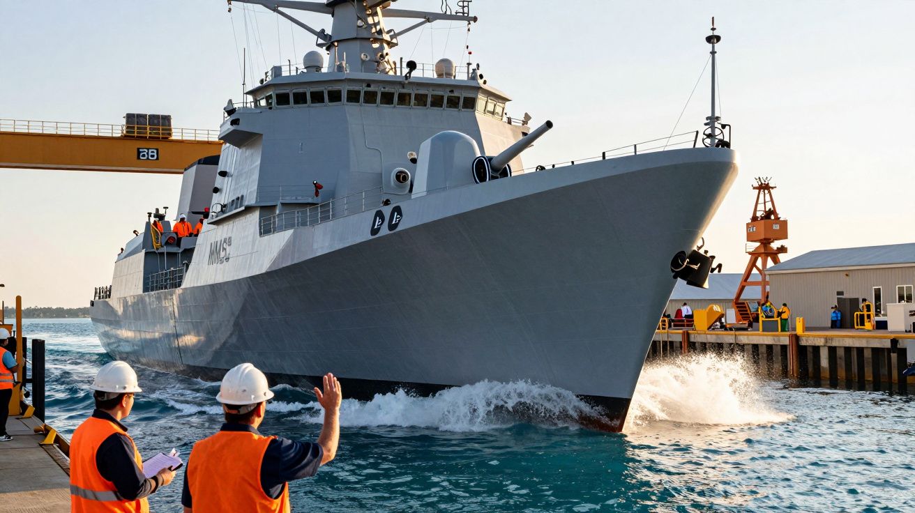 Statek wojskowy wpływa do portu, żołnierze na pokładzie, pracownicy w kamizelkach odblaskowych obserwują go z brzegu.