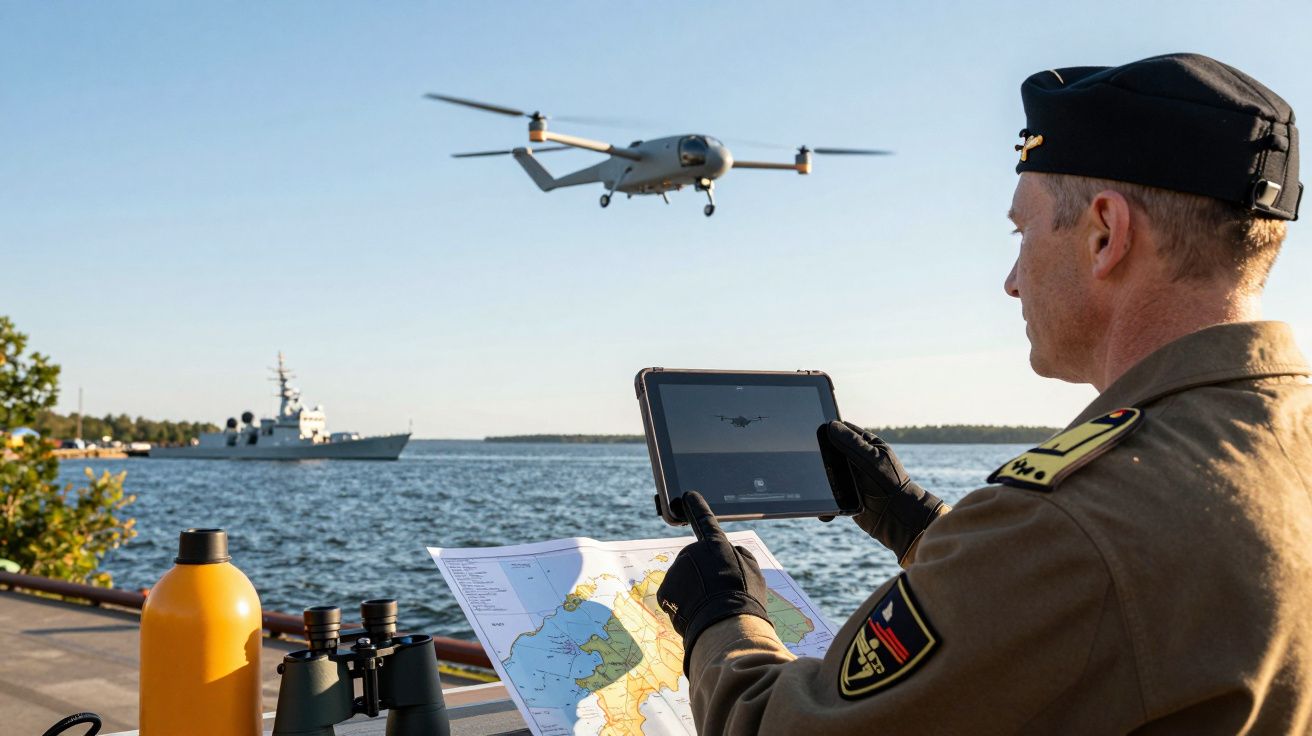 Żołnierz obsługujący drona nad wodą, trzymając tablet. W tle statek wojskowy i mapa na stole.