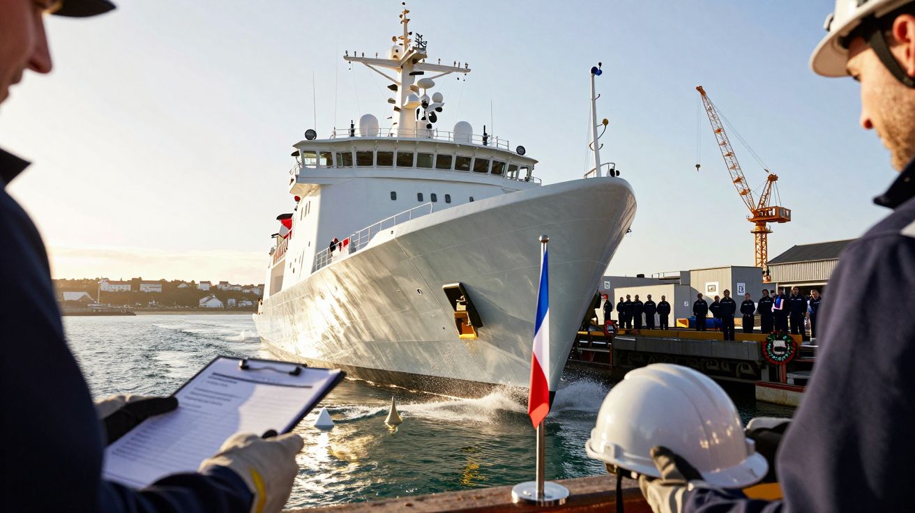 Statek wpływający do portu, ludzie w hełmach na pierwszym planie, dźwig i flaga na nabrzeżu.