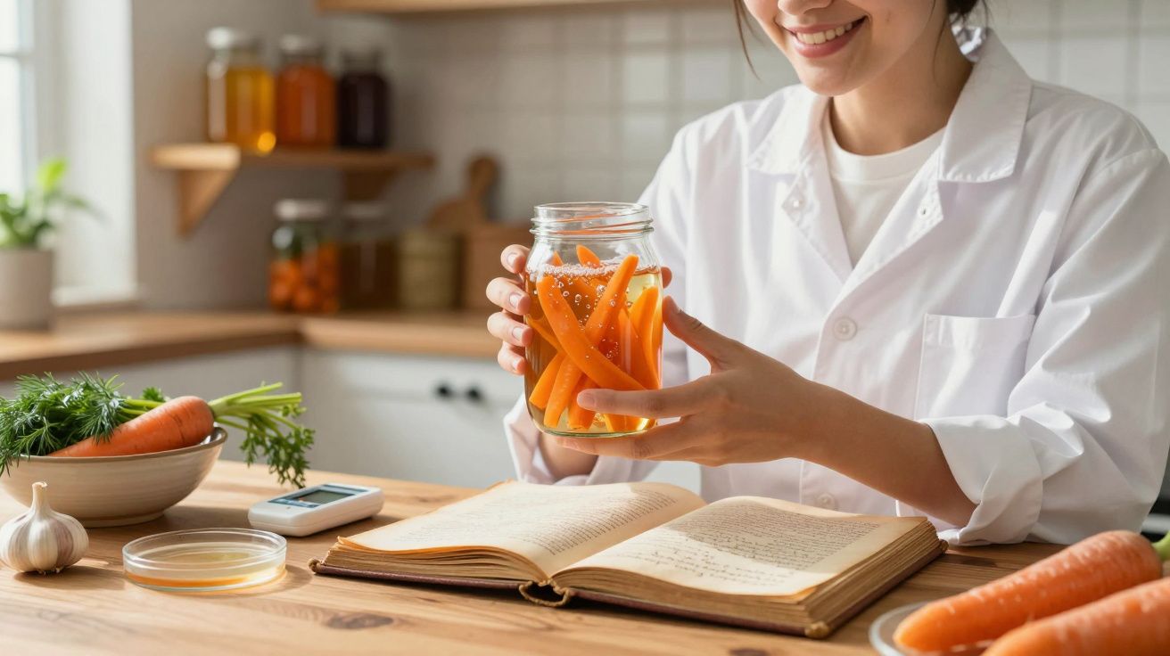 Kobieta w białym fartuchu trzyma słoik z marchewkami, przy otwartej książce w kuchni z drewnianymi półkami.