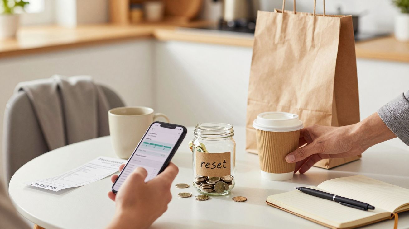 Osoba sprawdzająca telefon przy stole z notatnikiem, kubkiem kawy i słoikiem z napisem 'reset', w tle torba papierowa.
