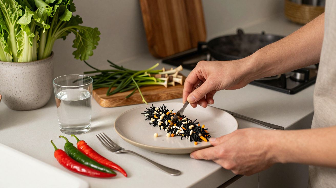 Osoba układa dekoracyjne danie z czarnym makaronem na talerzu w otoczeniu warzyw i szklanki wody.