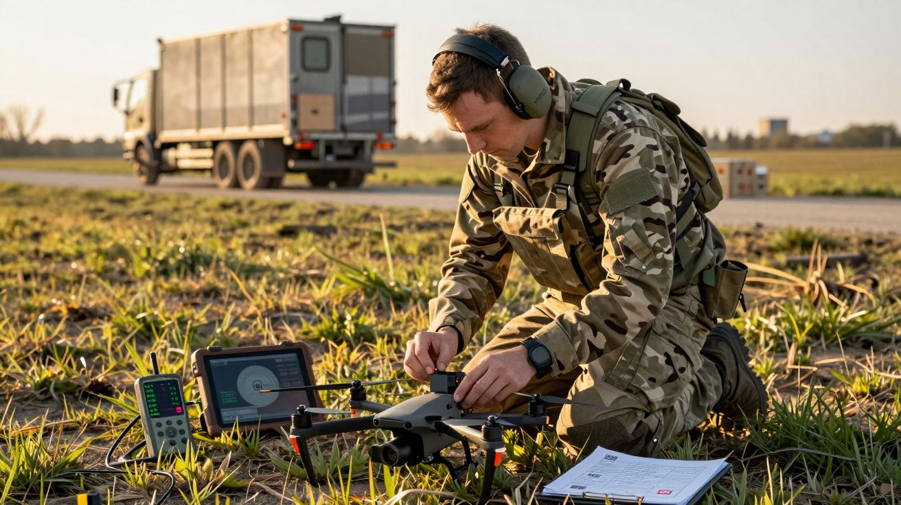 Żołnierz w polu konfiguruje drona; obok sprzęt elektroniczny, w tle ciężarówka.