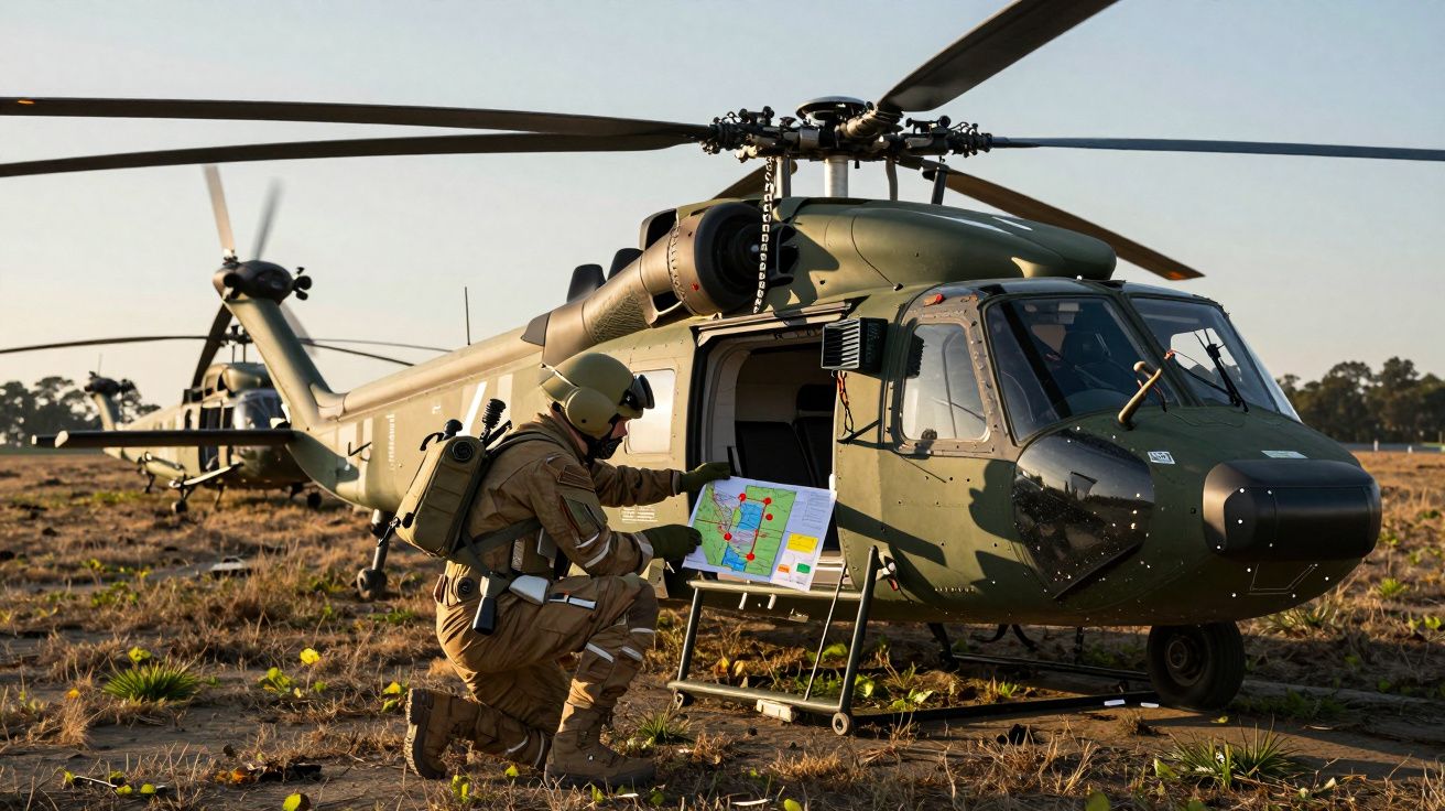 Żołnierz analizuje mapę przy śmigłowcu wojskowym na otwartym terenie.