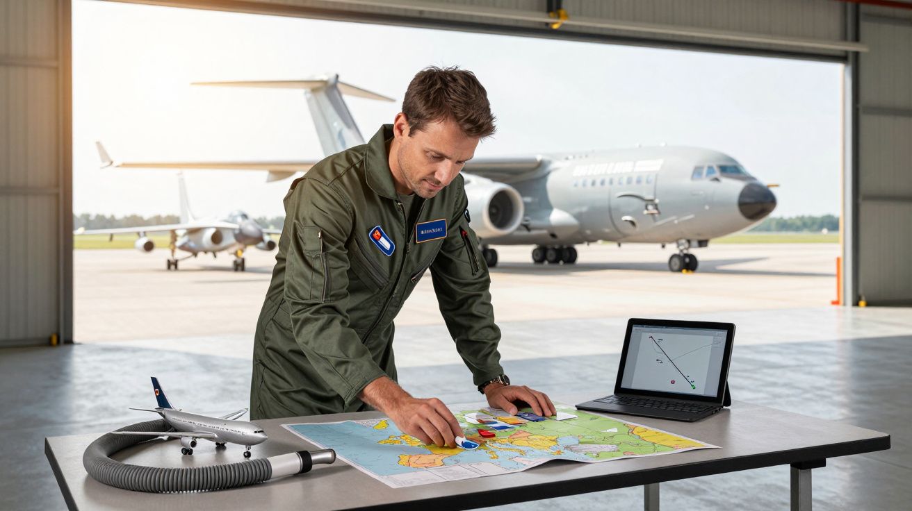 Mężczyzna w mundurze wojskowym planuje trasę na mapie w hangarze, w tle samolot transportowy i laptop.